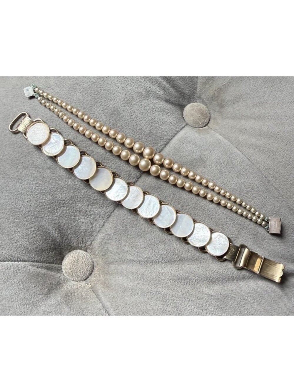 Vintage Bracelet Pearl Beaded Lot of 2 Mother of Pearl Disks and 2 Strand Beads